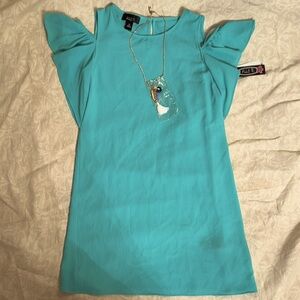 Ally B. Aqua Mint Cold Shoulder Ruffle Sleeve Dress with necklace. Size 12 NWT